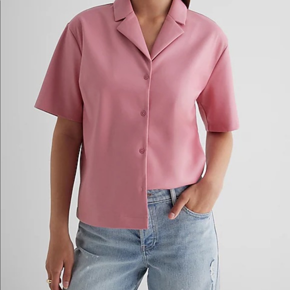 Faux Leather Button Up Boxy Shirt Pink Express - Picture 1 of 5